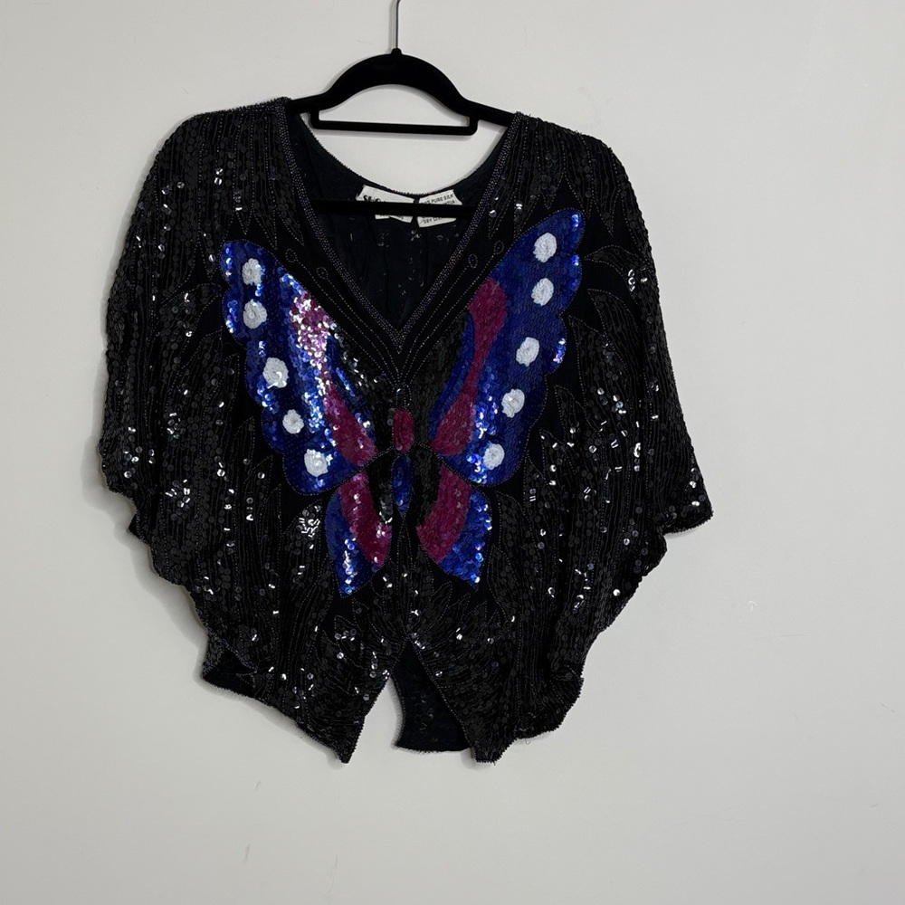 Vintage Sequin Butterfly Silk Top Black Blue Purple Beaded Blouse Size XL
